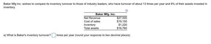 Baker Mfg Inc. wishes to compare its inventory