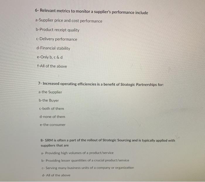 6- Relevant metrics to monitor a supplier's