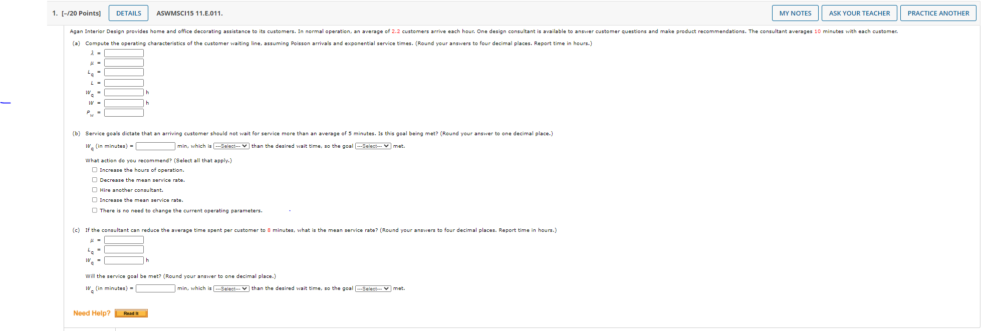 1. (-/20 Points] DETAILS ASWMSC115 11.E.011. MY