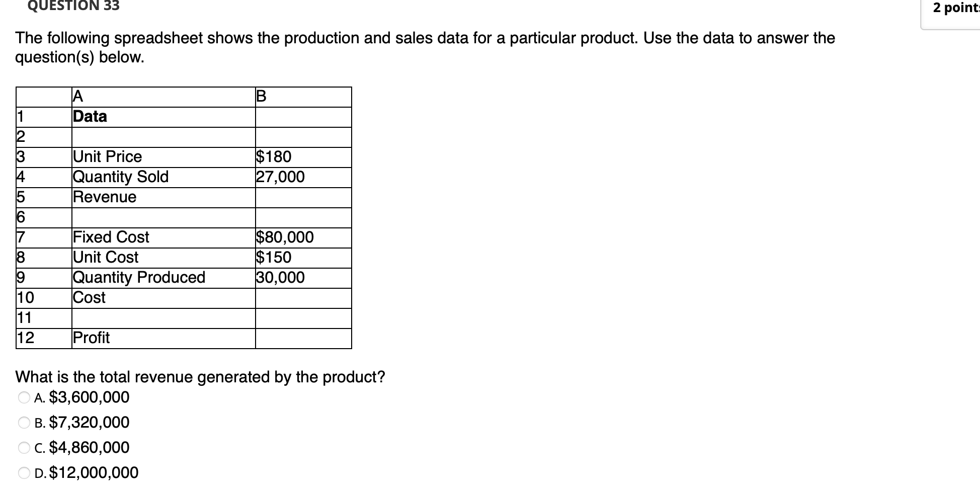 QUESTION 33 2 point The following spreadsheet