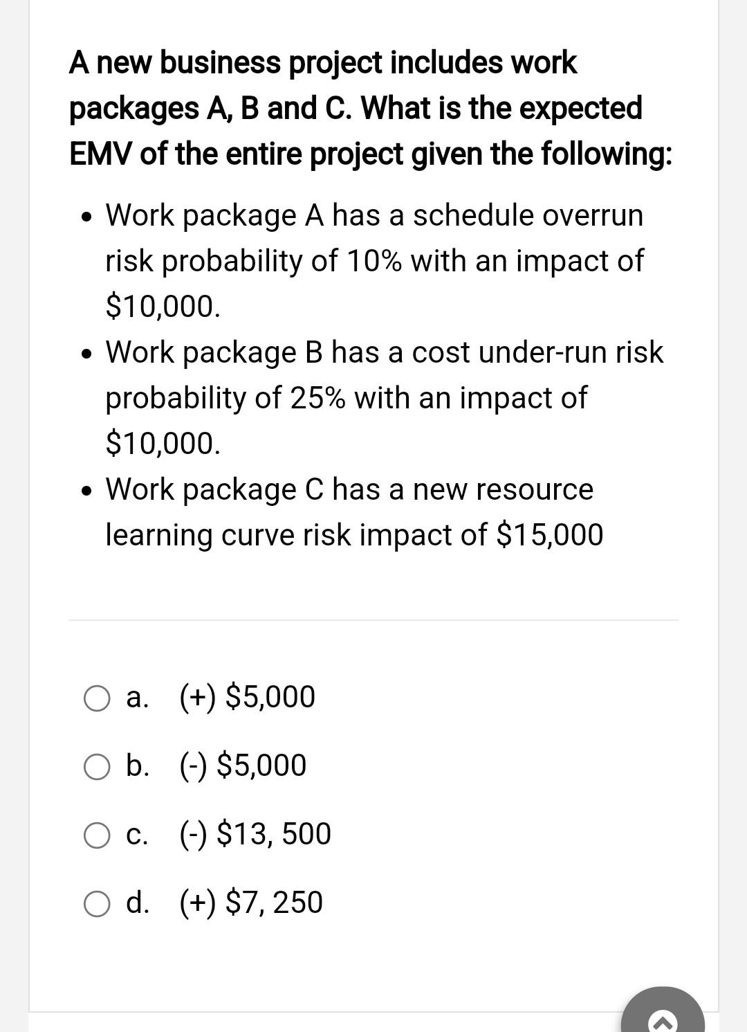 A new business project includes work packages A,B