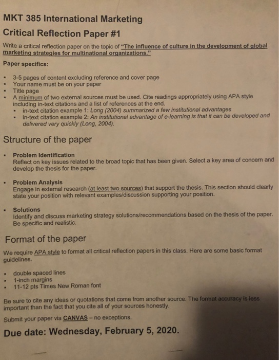 MKT 385 International Marketing Critical
