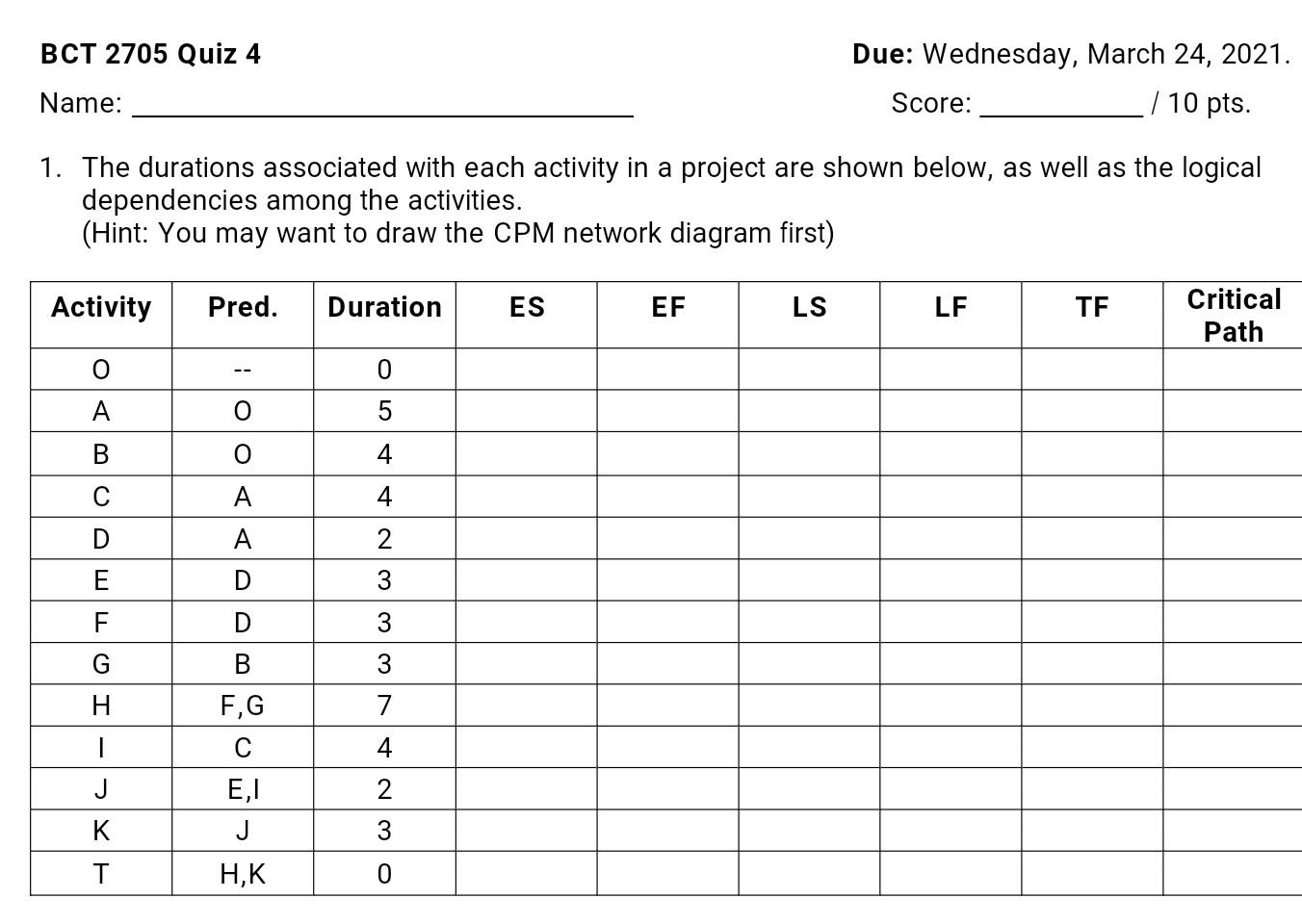BCT 2705 Quiz 4 Due: Wednesday, March 24, 2021.