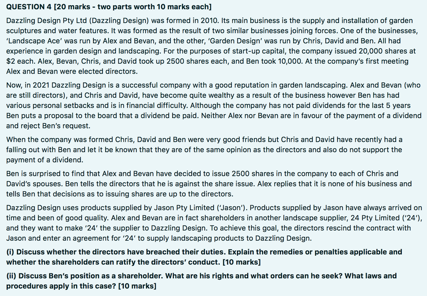 300 Words Each (Australian Law) QUESTION 4 [20