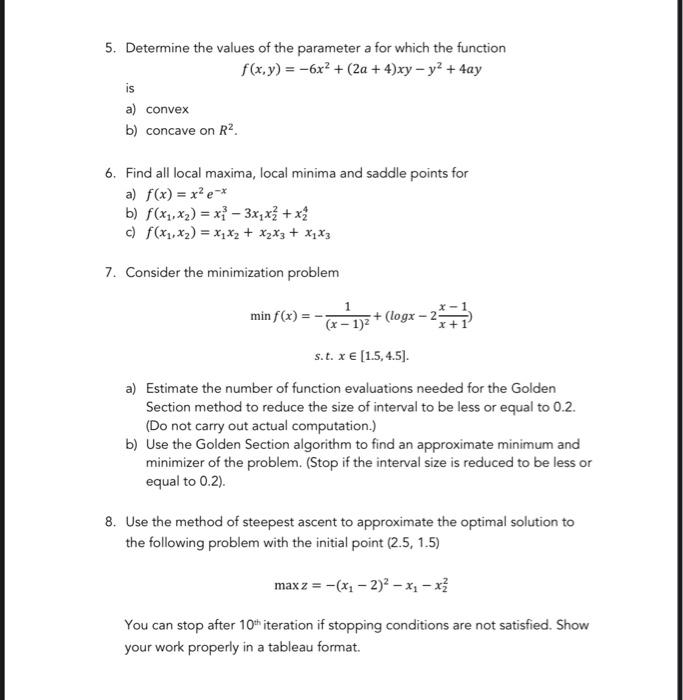 5. Determine the values of the parameter a for