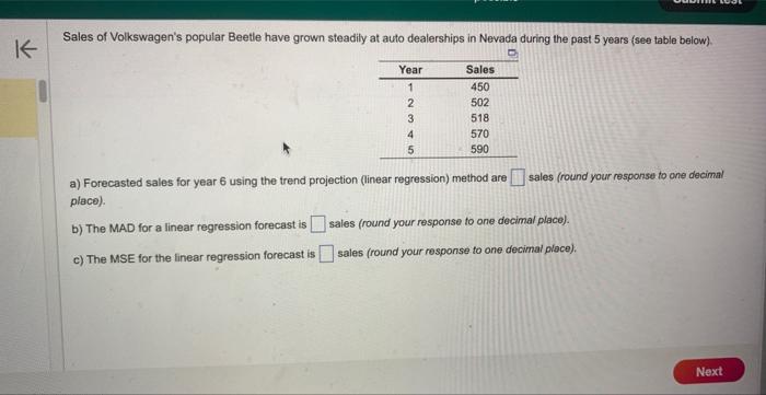 a) Forecasted sales for year 6 using the trend