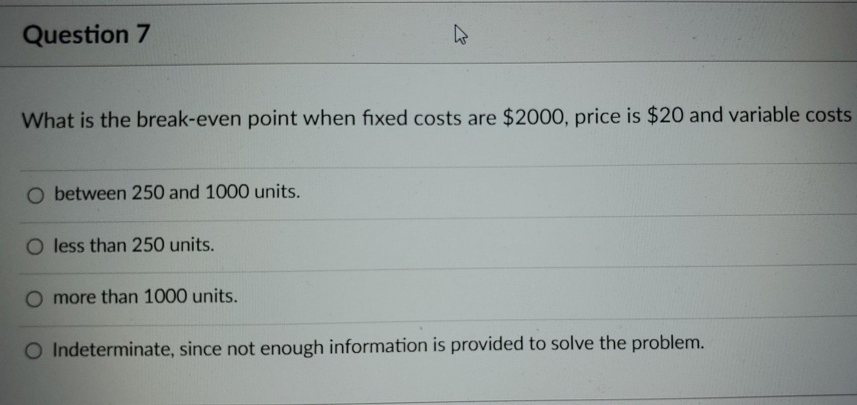Question 7 What is the break-even point when