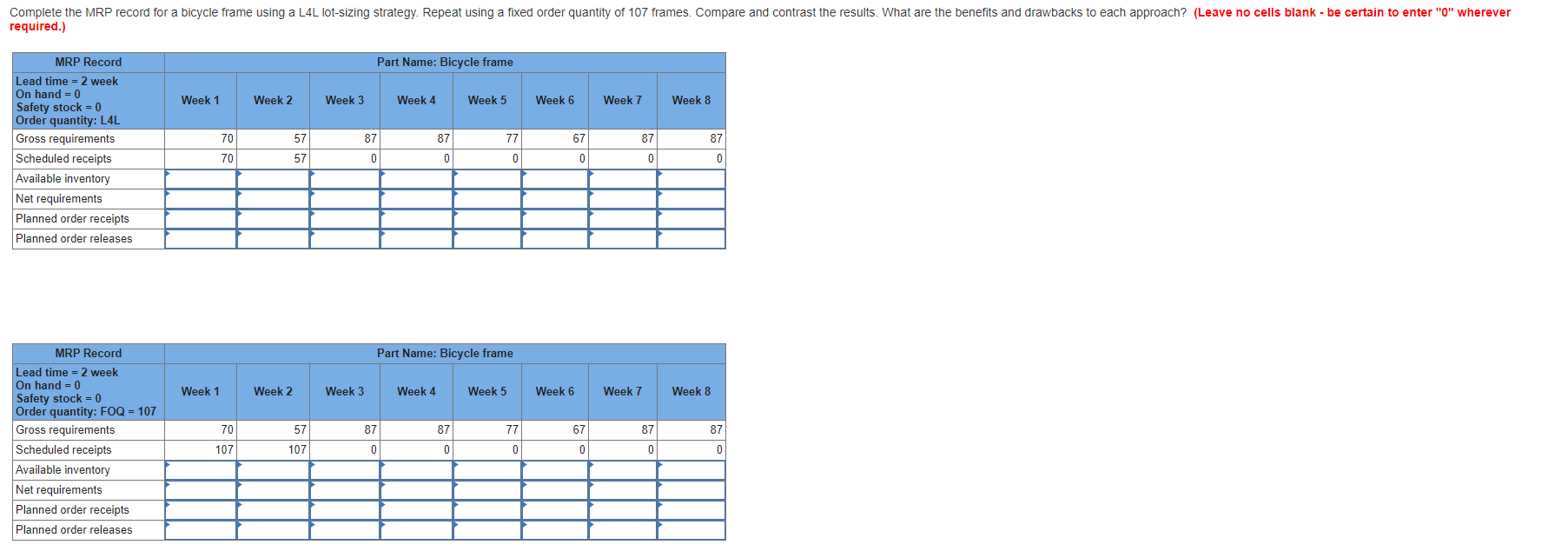 Complete the MRP record for a bicycle frame using