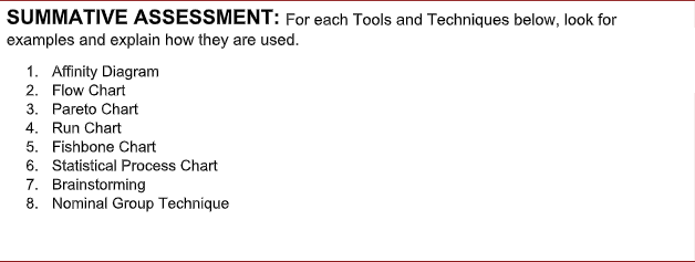 SUMMATIVE ASSESSMENT: For each Tools and