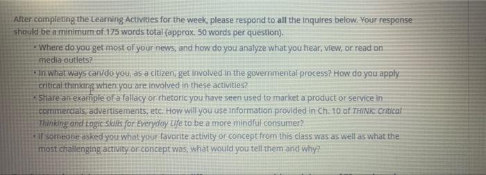 After completing the Learning Activities for the