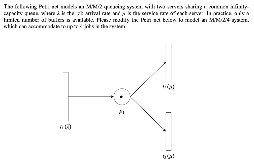 The following Petri net models an M/M/2 queueing