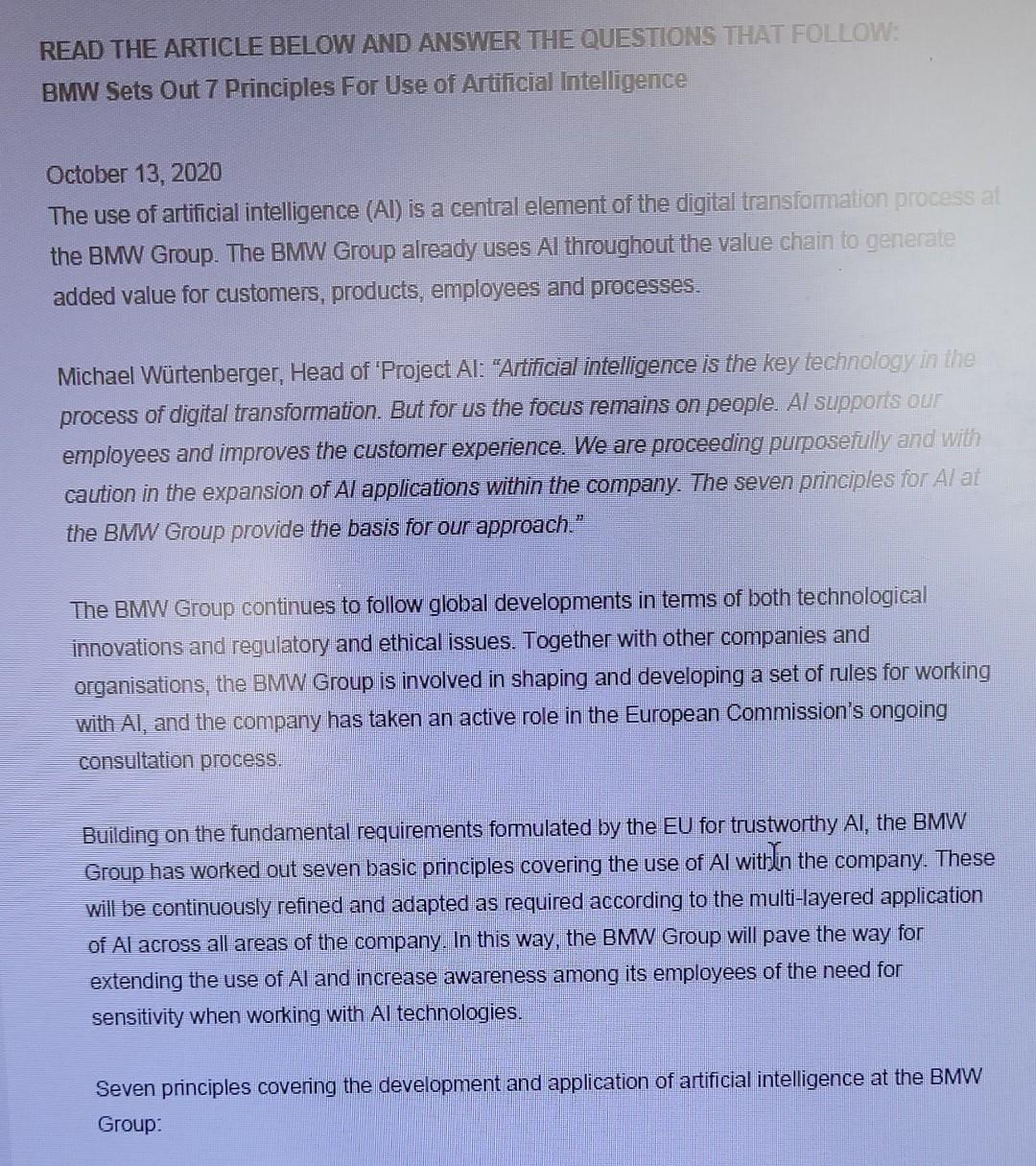 READ THE ARTICLE BELOW AND ANSWER THE QUESTIONS