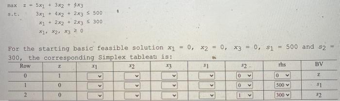 please fill in table max s.t. 2 = 5x + 3x2 + 4x3
