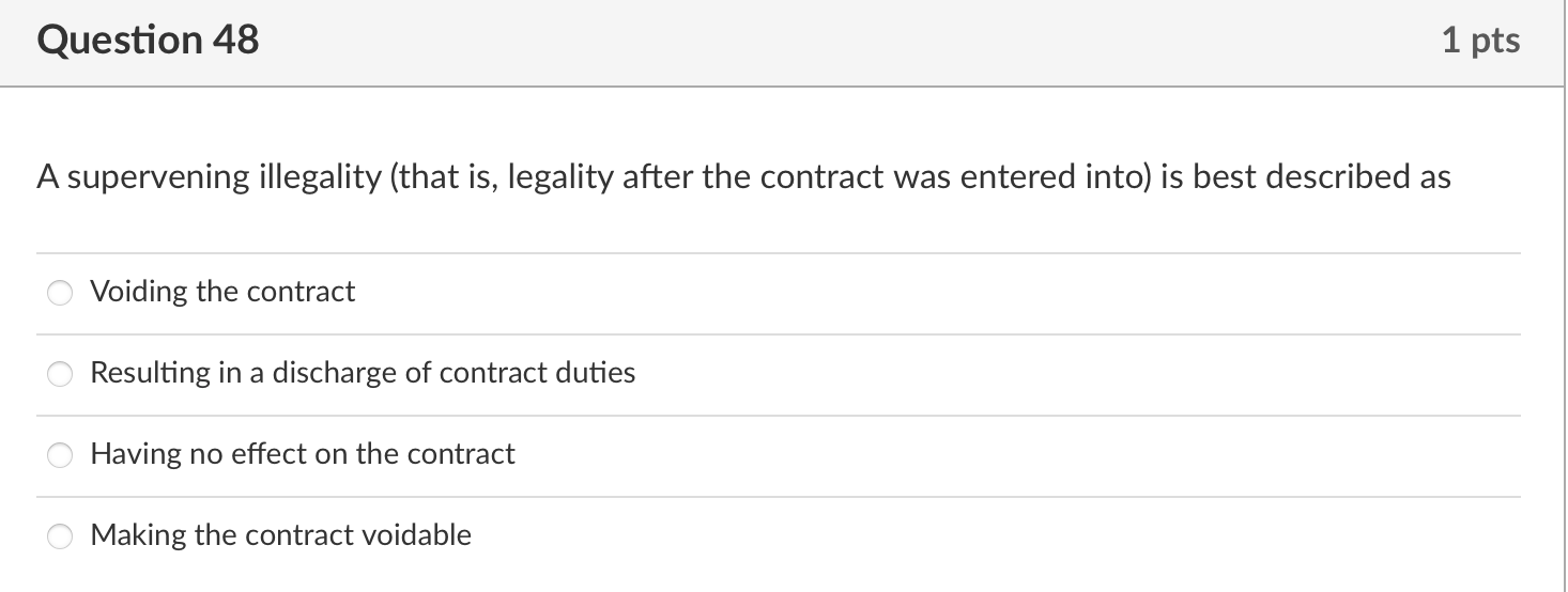 Question 48 1 pts A supervening illegality (that