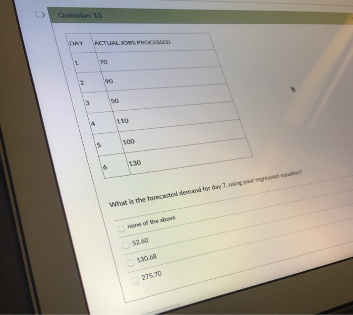 Question 13 DAY ACTUAL JOBS PROCESSED 1 70 2 90 3