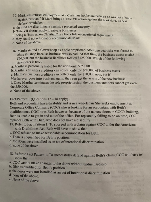 15. Mark was refused employment at a Christian