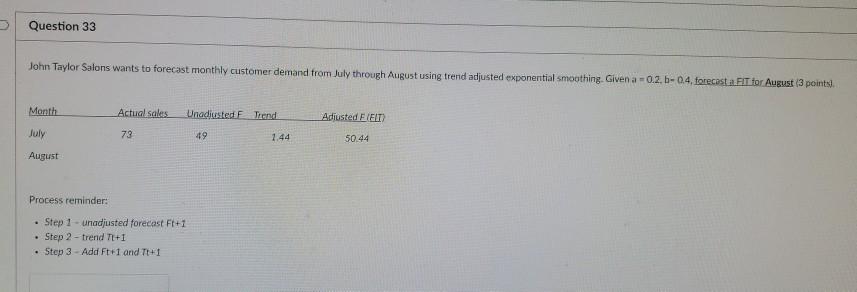 Question 33 John Taylor Salons wants to forecast