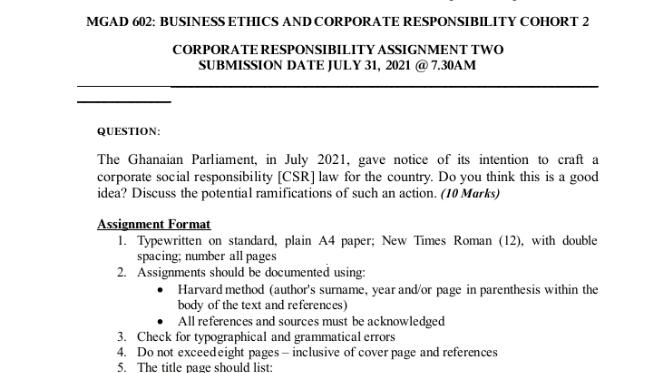 MGAD 602: BUSINESS ETHICS AND CORPORATE