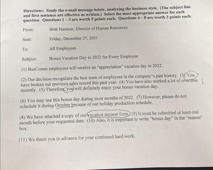 Directions: Study the e-mail message below,