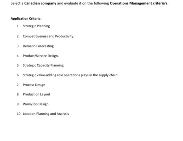 Select a Canadian company and evaluate it on the