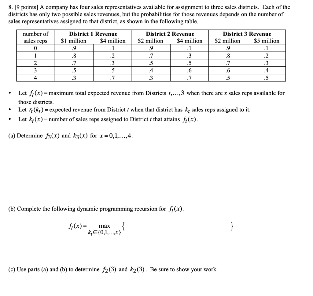 8. [9 points] A company has four sales