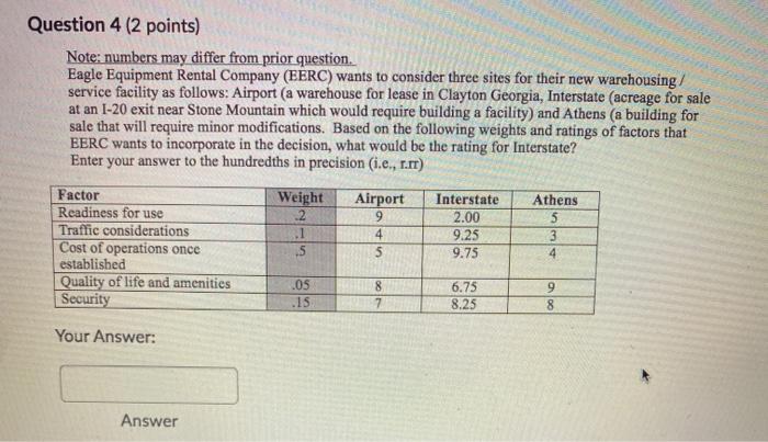 Question 4 (2 points) Note: numbers may differ