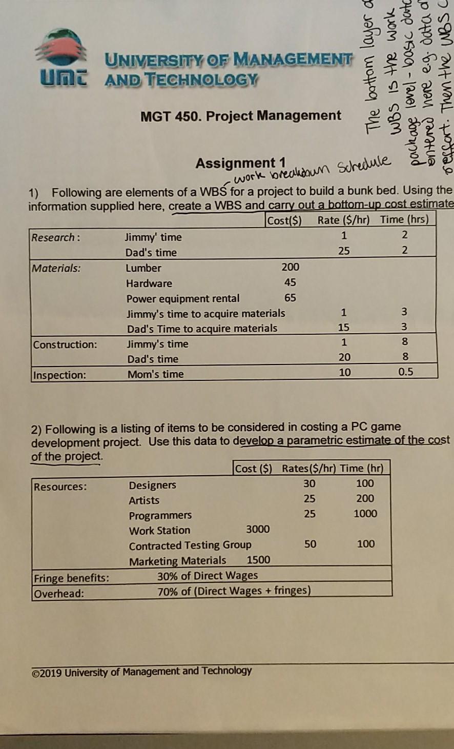 MGT 450. Project Management The WBS package le