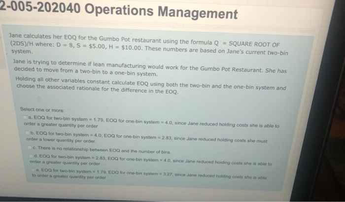 Jane calculates her EOQ for the Gumbo Pot