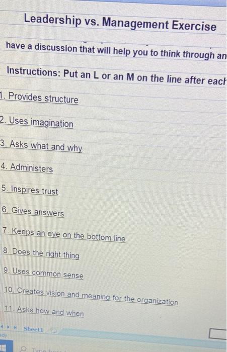 Write which one is L or M Leadership vs.