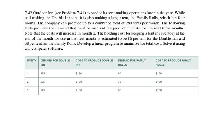 pls solve by Excel solver 7-42 Outdoor Inn (see