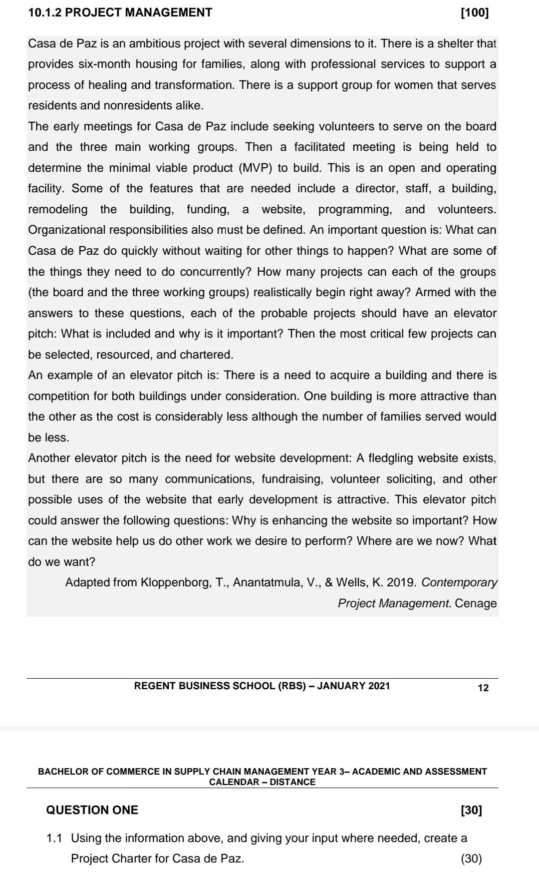 Q1 10.1.2 PROJECT MANAGEMENT [100] Casa de Paz is