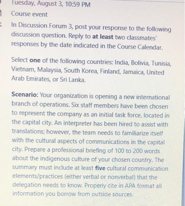 E Tuesday, August 3, 10:59 PM Course event In