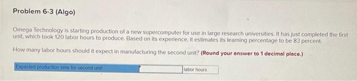 Problem 6-3 (Algo) Omega Technology is starting