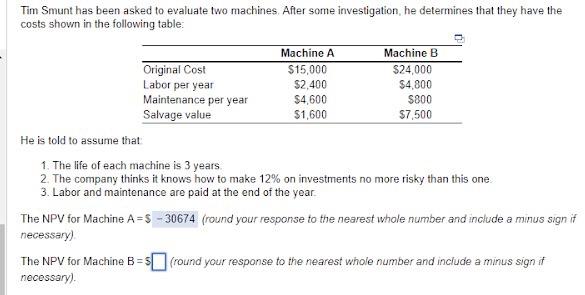 How do I get the NPV for machine B? Tim Smunt has
