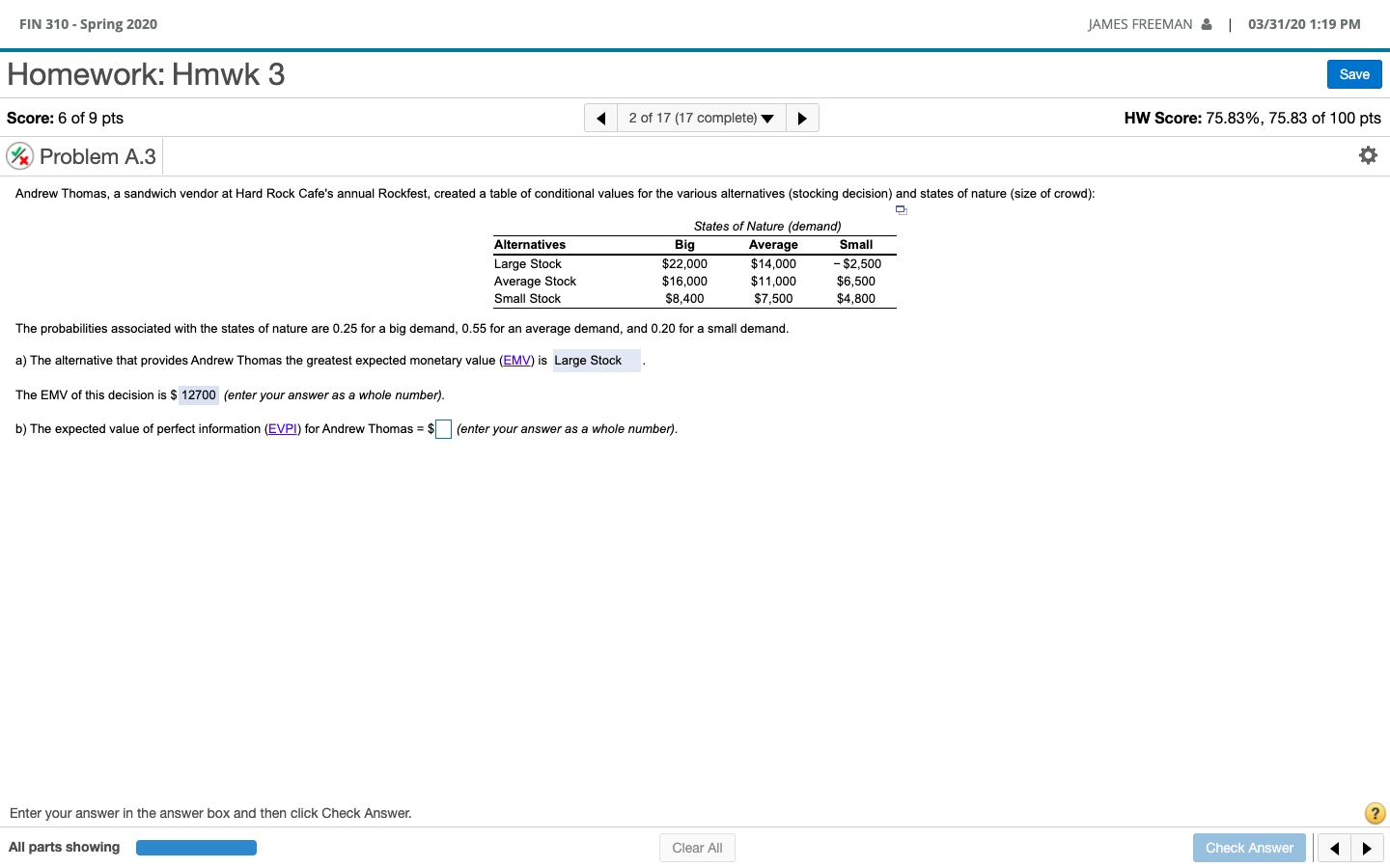 FIN 310 - Spring 2020 JAMES FREEMAN : | 03/31/20