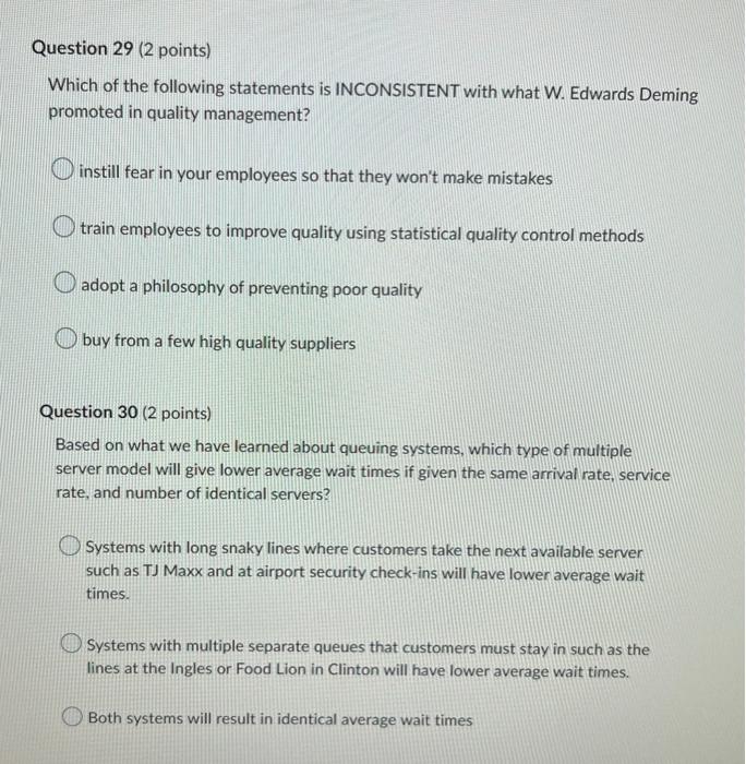Question 29 (2 points) Which of the following