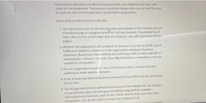 Each student will select a small, local business