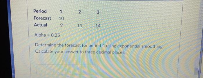 2 3 Period Forecast Actual 1 10 9 11 14 Alpha