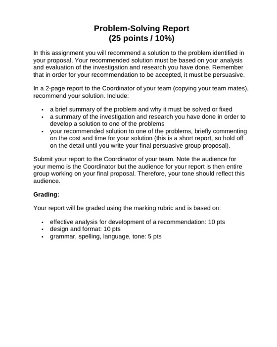 problem solving report on topic depression for