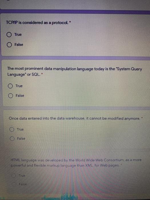 TCP/IP is considered as a protocol." True False
