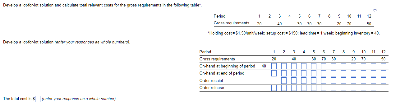 Develop a lot-for-lot solution and calculate