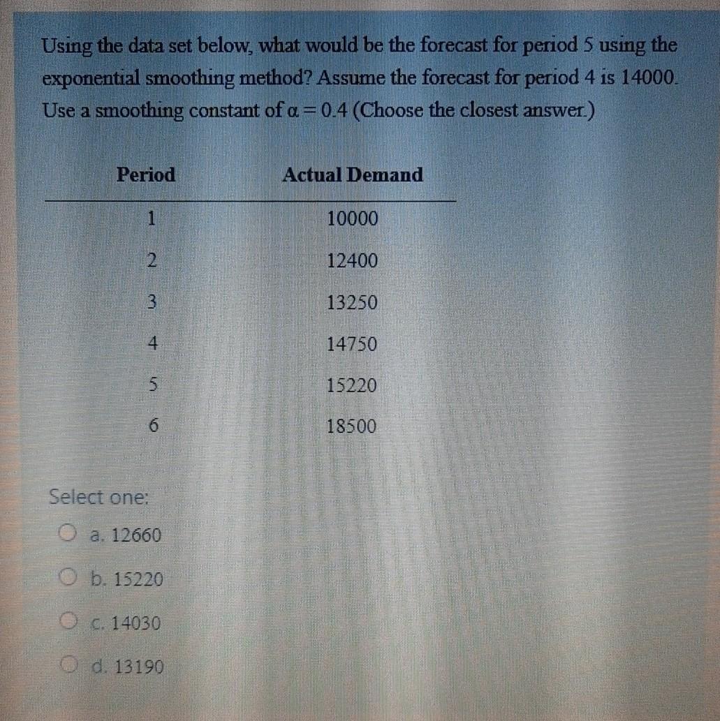Using the data set below, what would be the