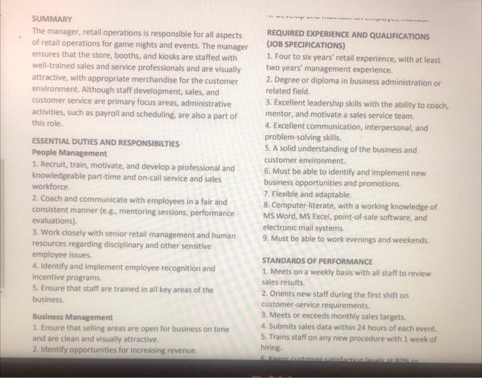 SUMMARY The manager, retail operations is