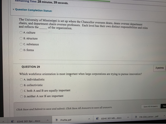 Remaining Time: 28 minutes, 39 seconds. Question