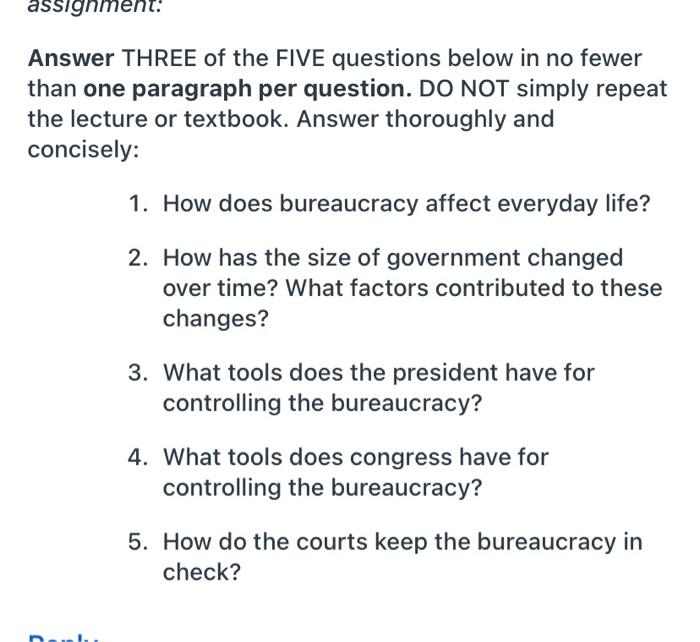 assignment: Answer THREE of the FIVE questions