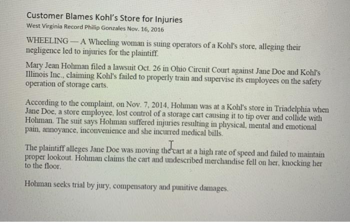 Customer Blames Kohl's Store for Injuries West