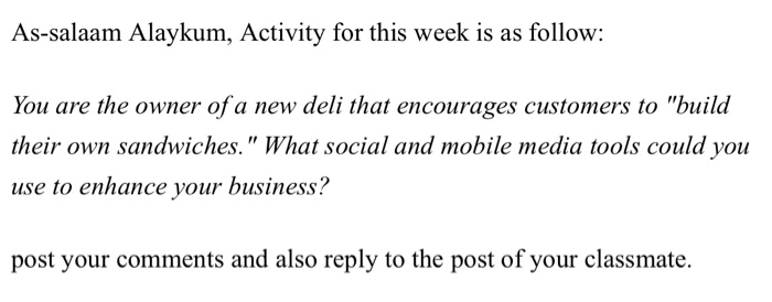 As-salaam Alaykum, Activity for this week is as