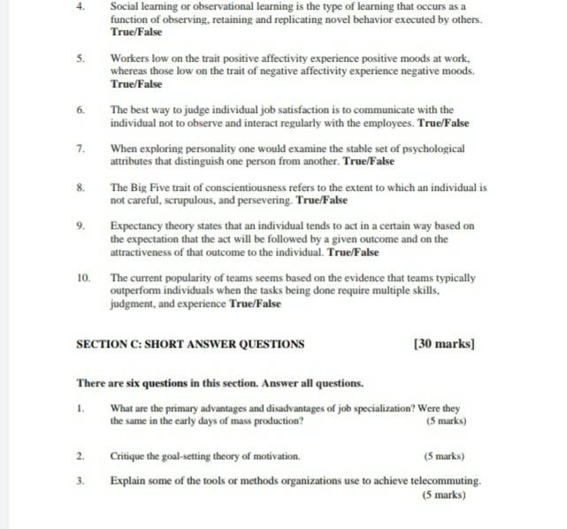 SECTION B-TRUE OR FALSE [10 marks) There are ten