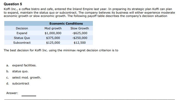 Question 5 Koffi Inc., a coffee bistro and cafe,