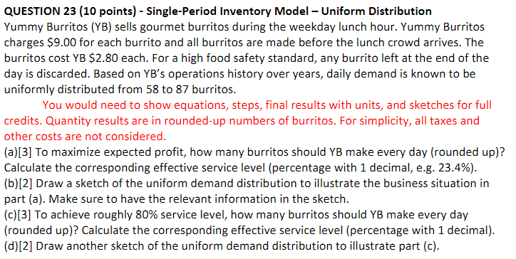 QUESTION 23 (10 points) - Single-Period Inventory